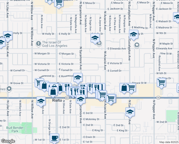 map of restaurants, bars, coffee shops, grocery stores, and more near 343 East Cornell Drive in Rialto