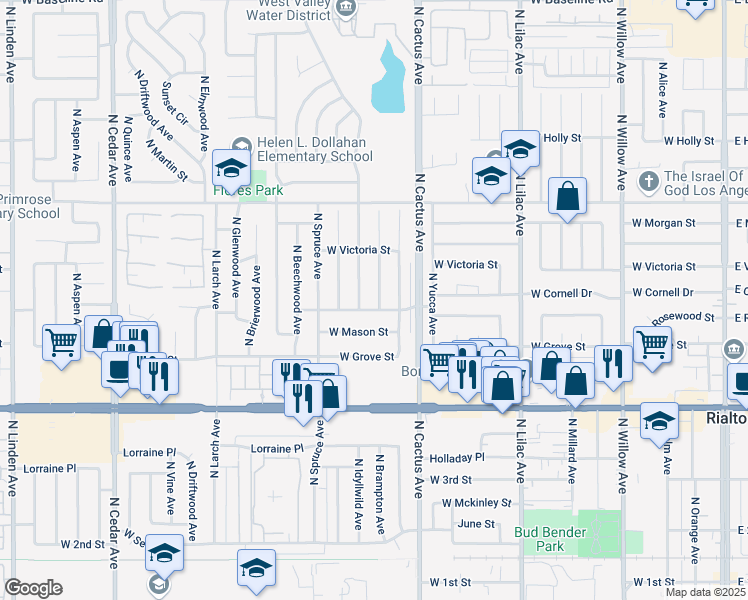 map of restaurants, bars, coffee shops, grocery stores, and more near 793 West Rosewood Street in Rialto