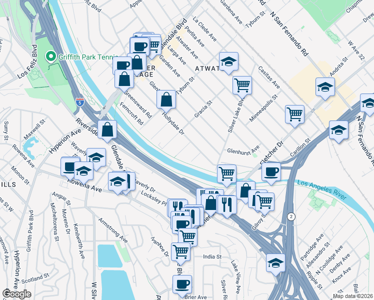 map of restaurants, bars, coffee shops, grocery stores, and more near 3010 Acresite Street in Los Angeles