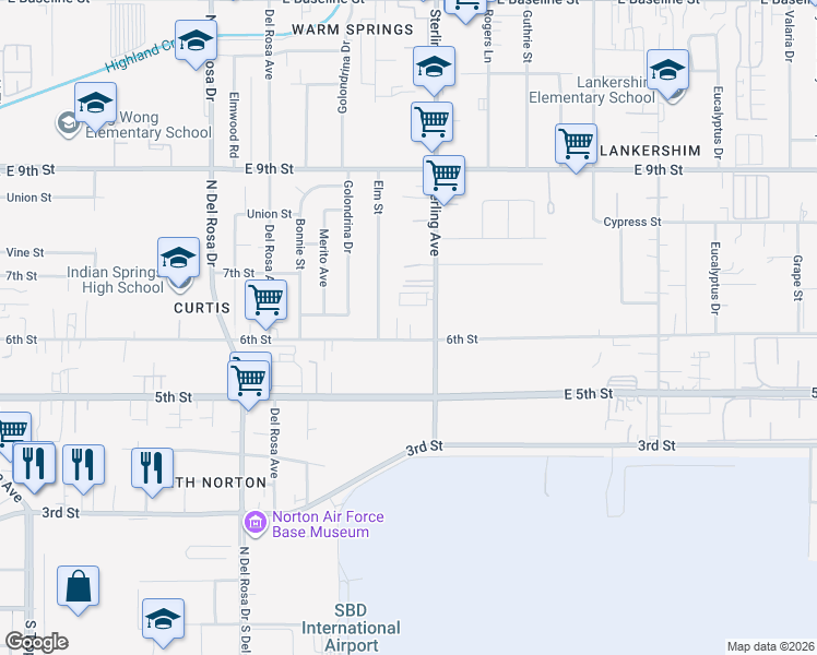 map of restaurants, bars, coffee shops, grocery stores, and more near 25649 6th Street in San Bernardino