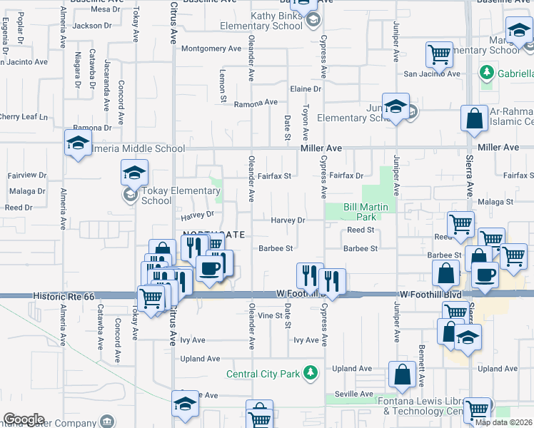 map of restaurants, bars, coffee shops, grocery stores, and more near 16315 Harvey Drive in Fontana