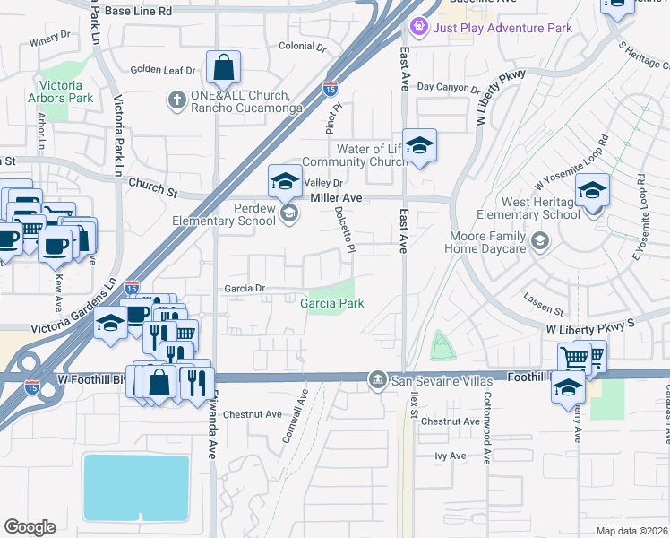 map of restaurants, bars, coffee shops, grocery stores, and more near 7865 Fillipi Court in Rancho Cucamonga