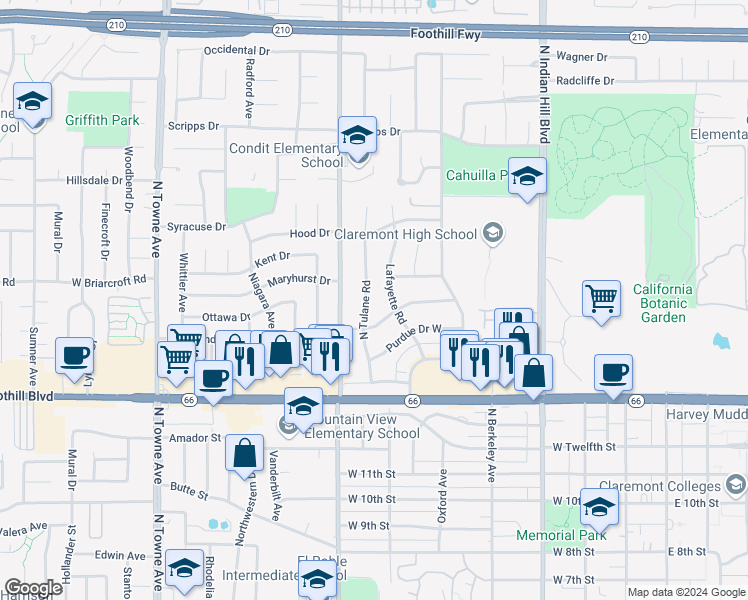map of restaurants, bars, coffee shops, grocery stores, and more near 715 Wellesley Drive West in Claremont