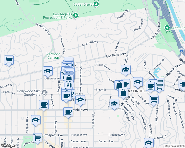 map of restaurants, bars, coffee shops, grocery stores, and more near 2225 Ben Lomond Drive in Los Angeles