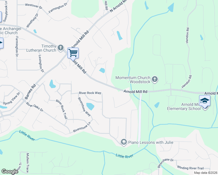 map of restaurants, bars, coffee shops, grocery stores, and more near 4029 River Rock Way in Woodstock