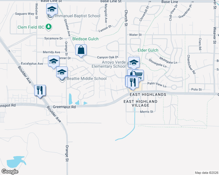 map of restaurants, bars, coffee shops, grocery stores, and more near 7870 Valencia Court in Highland