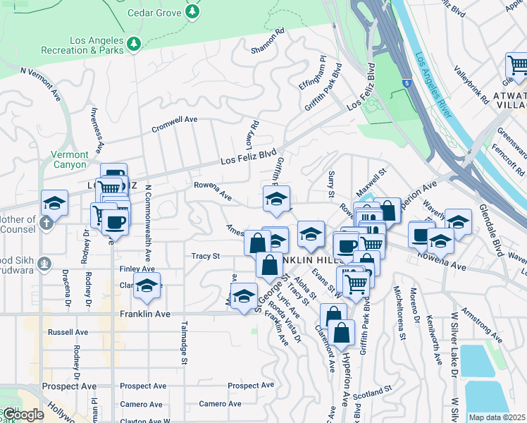 map of restaurants, bars, coffee shops, grocery stores, and more near 3939 Tracy Street in Los Angeles