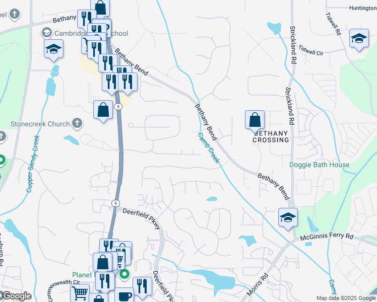 map of restaurants, bars, coffee shops, grocery stores, and more near 650 Alstonefield Drive in Alpharetta