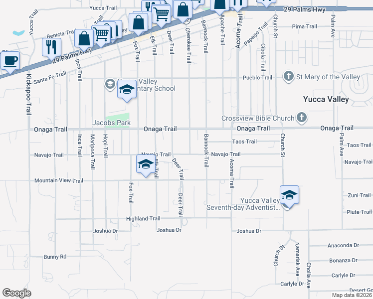 map of restaurants, bars, coffee shops, grocery stores, and more near 7780 Cherokee Trail in Yucca Valley