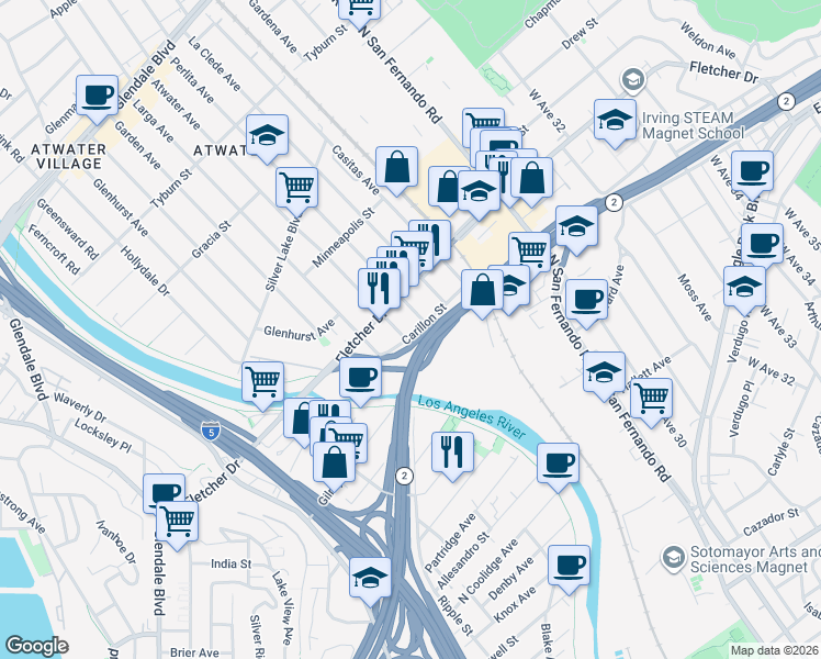 map of restaurants, bars, coffee shops, grocery stores, and more near 3037 Atwater Avenue in Los Angeles