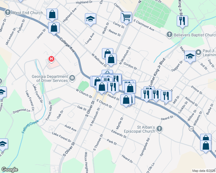 map of restaurants, bars, coffee shops, grocery stores, and more near 4 North McIntosh Street in Elberton