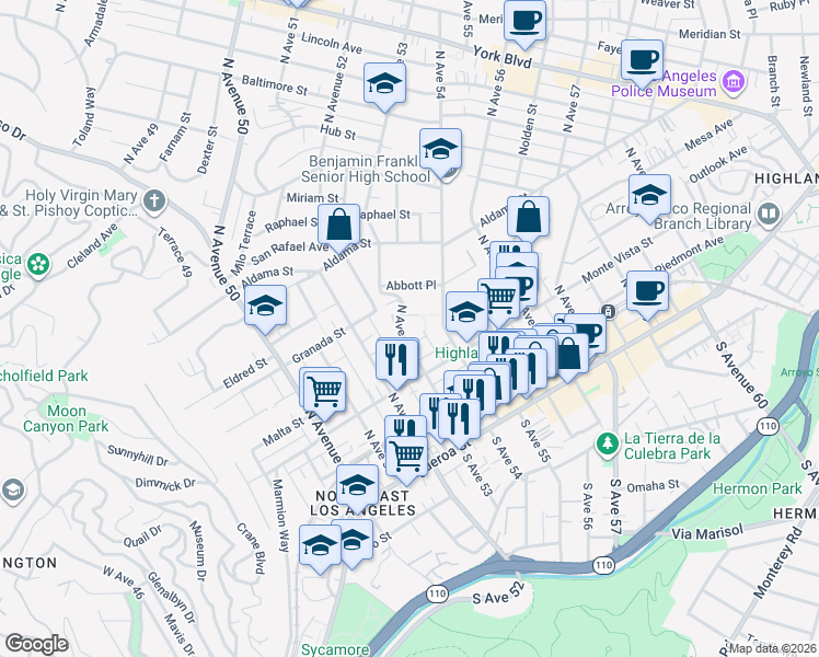map of restaurants, bars, coffee shops, grocery stores, and more near 353 North Avenue 53 in Los Angeles