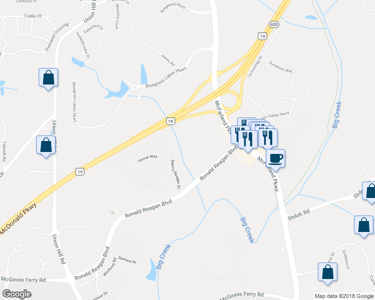 map of restaurants, bars, coffee shops, grocery stores, and more near 1400 McFarland Parkway in Alpharetta