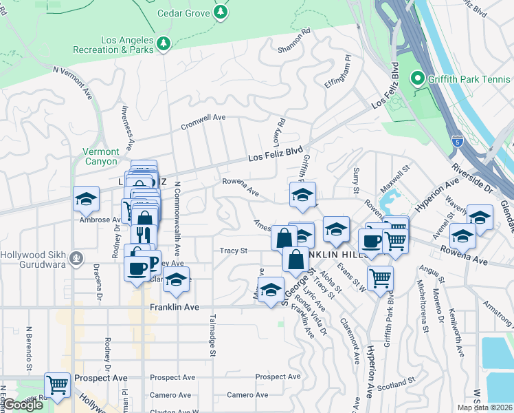map of restaurants, bars, coffee shops, grocery stores, and more near 3400 Ben Lomond Place in Los Angeles