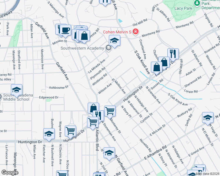 map of restaurants, bars, coffee shops, grocery stores, and more near 1416 Wilson Avenue in San Marino