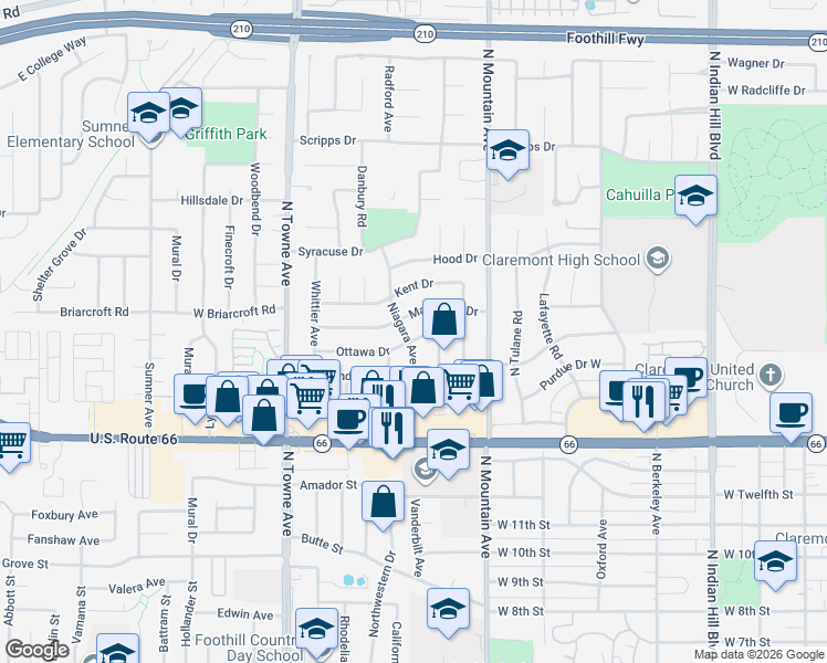 map of restaurants, bars, coffee shops, grocery stores, and more near 897 Ottawa Drive in Claremont