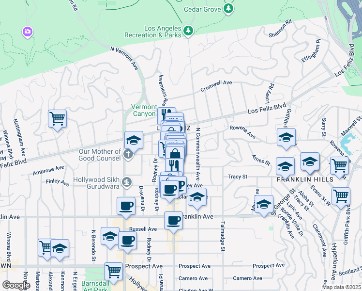 map of restaurants, bars, coffee shops, grocery stores, and more near 4448 Avocado Street in Los Angeles