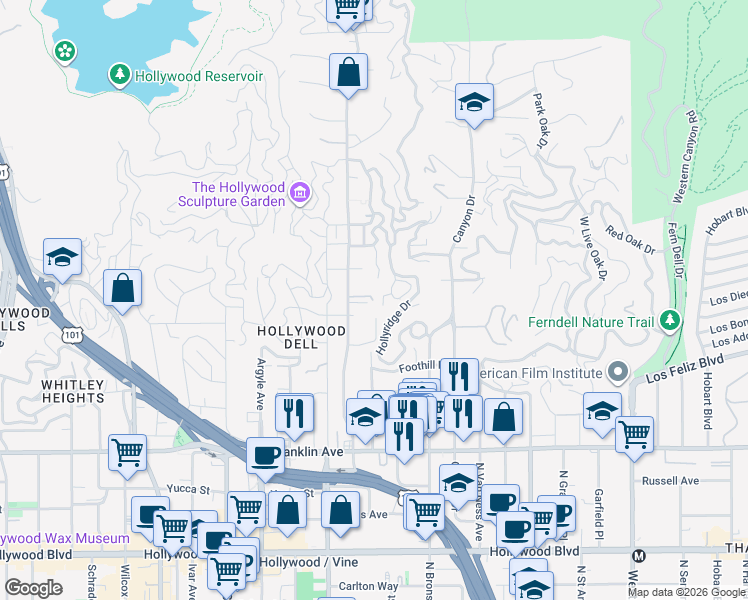 map of restaurants, bars, coffee shops, grocery stores, and more near 2174 Beachwood Terrace in Los Angeles