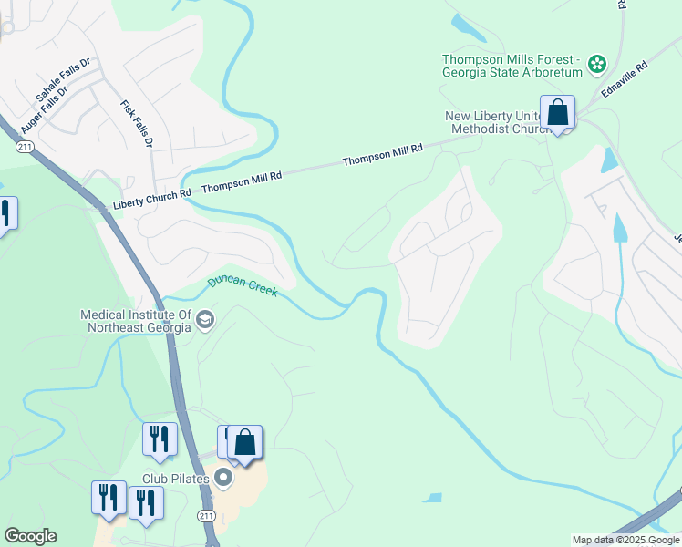 map of restaurants, bars, coffee shops, grocery stores, and more near 675 Broadmoor Drive in Braselton