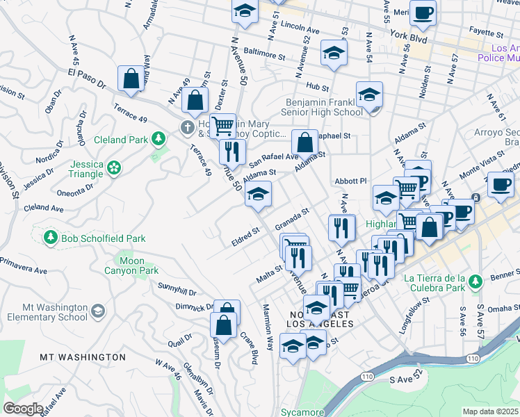 map of restaurants, bars, coffee shops, grocery stores, and more near 645 North Avenue 50 in Los Angeles
