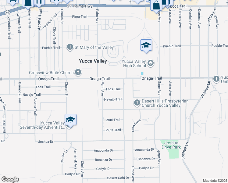 map of restaurants, bars, coffee shops, grocery stores, and more near 56605 Taos Trail in Yucca Valley