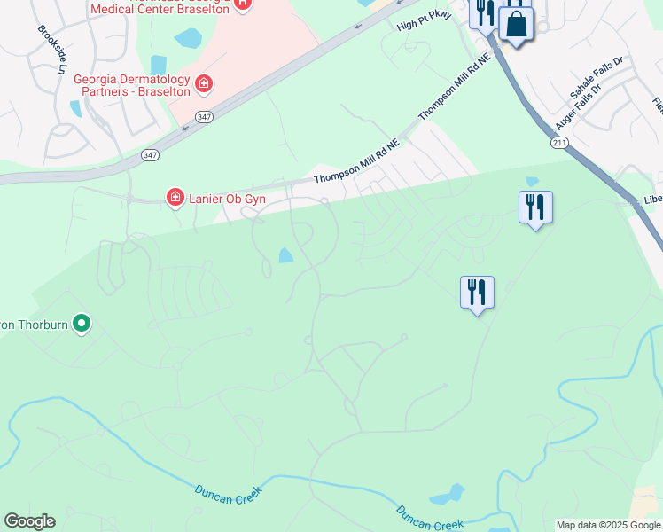 map of restaurants, bars, coffee shops, grocery stores, and more near 5712 Allee Way in Braselton
