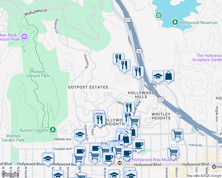 map of restaurants, bars, coffee shops, grocery stores, and more near 6928 Los Tilos Road in Los Angeles