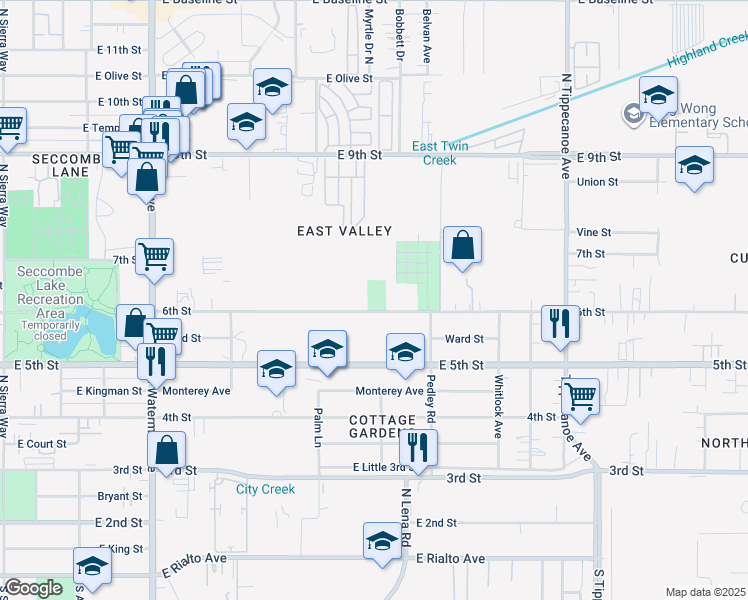 map of restaurants, bars, coffee shops, grocery stores, and more near in San Bernardino