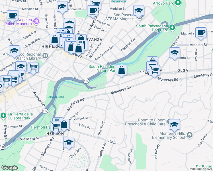 map of restaurants, bars, coffee shops, grocery stores, and more near 109 Marmion Way in South Pasadena