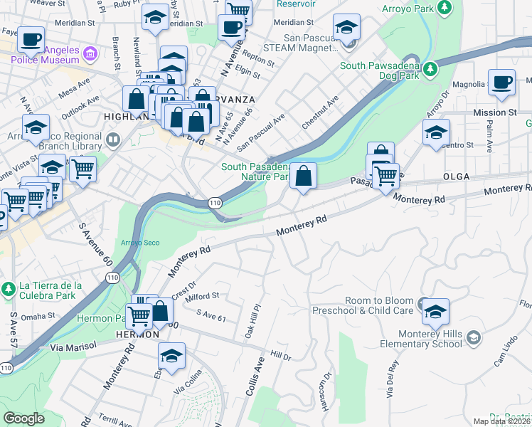 map of restaurants, bars, coffee shops, grocery stores, and more near 109 Marmion Way in South Pasadena