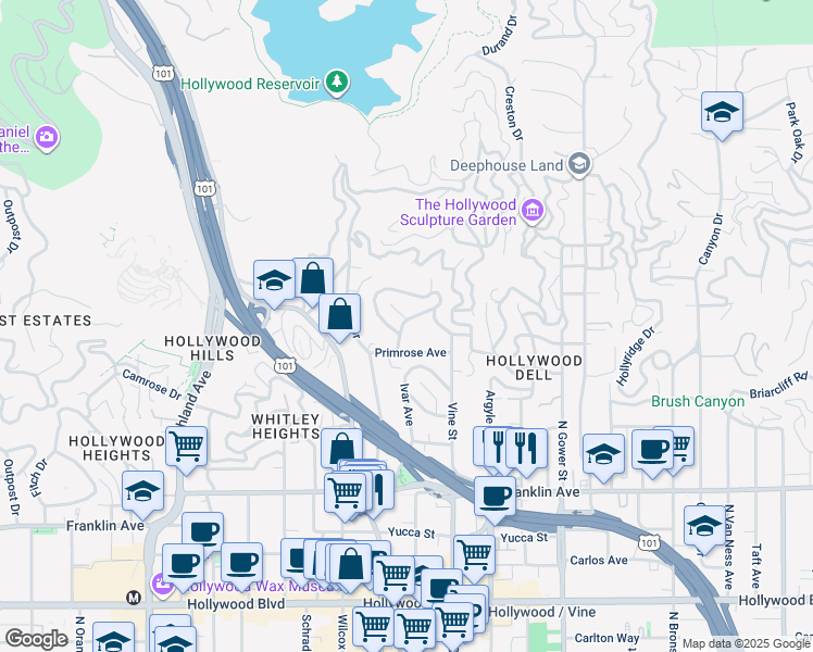 map of restaurants, bars, coffee shops, grocery stores, and more near 2170 Willetta Avenue North in Los Angeles