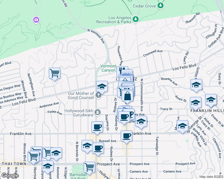 map of restaurants, bars, coffee shops, grocery stores, and more near 4573 Ambrose Avenue in Los Angeles