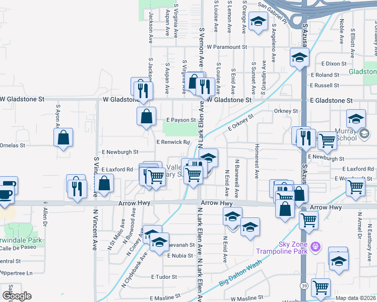 map of restaurants, bars, coffee shops, grocery stores, and more near 5356 North Roxburgh Avenue in Azusa