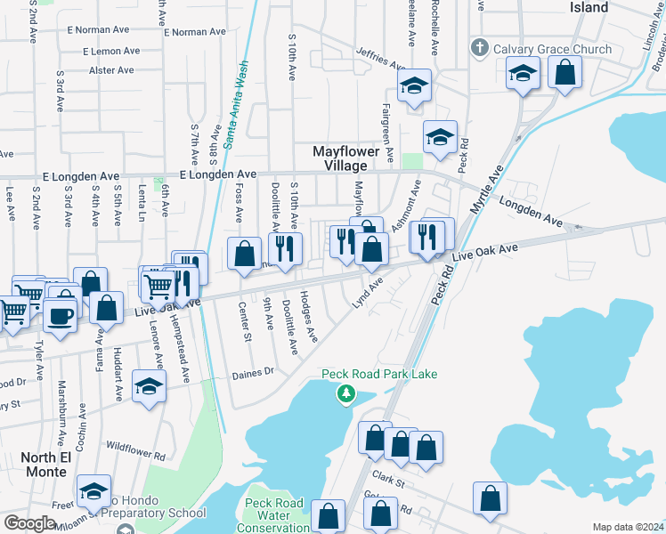 map of restaurants, bars, coffee shops, grocery stores, and more near 4251 Live Oak Avenue in Arcadia