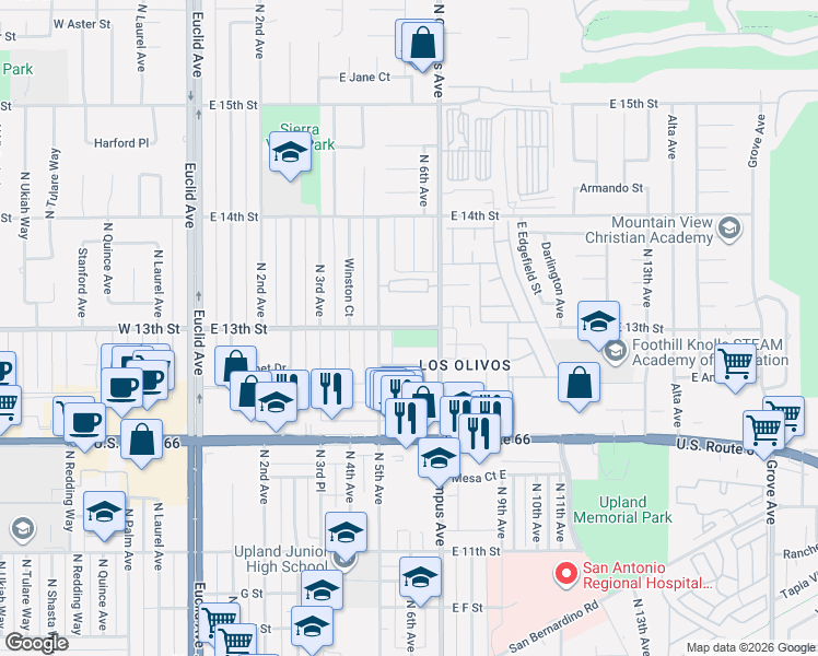 map of restaurants, bars, coffee shops, grocery stores, and more near in Upland