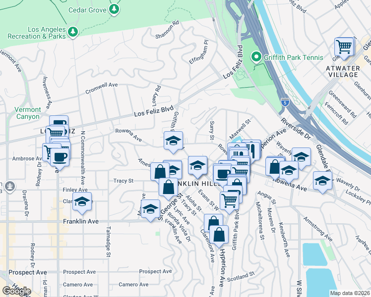 map of restaurants, bars, coffee shops, grocery stores, and more near 3136 Griffith Park Boulevard in Los Angeles