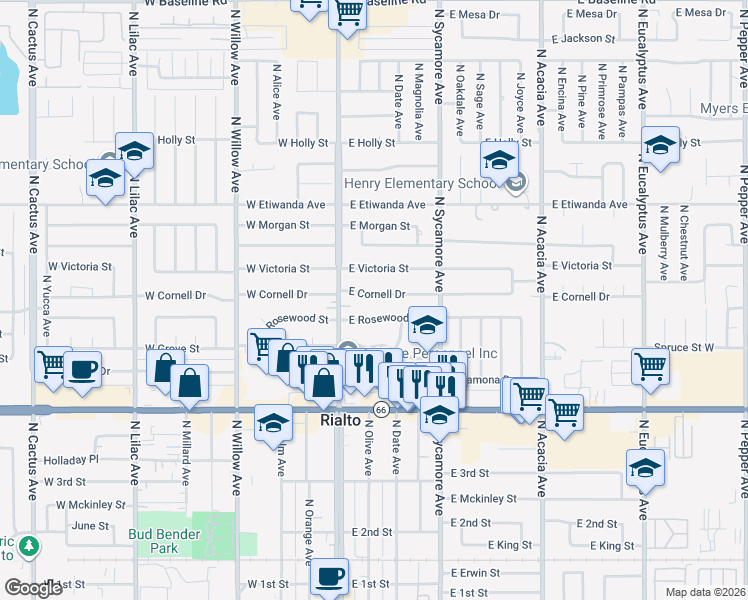 map of restaurants, bars, coffee shops, grocery stores, and more near 163 East Cornell Drive in Rialto