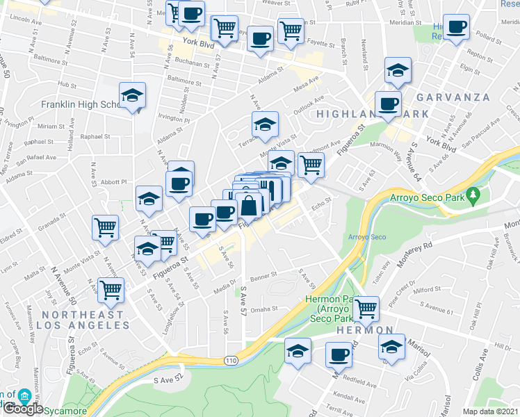 map of restaurants, bars, coffee shops, grocery stores, and more near 5820 North Figueroa Street in Los Angeles