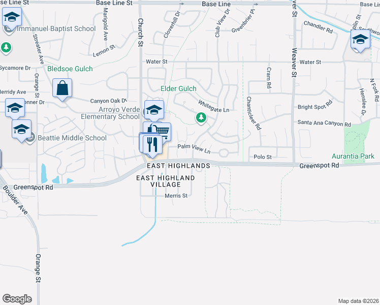 map of restaurants, bars, coffee shops, grocery stores, and more near 29087 Old Greenspot Road in Highland