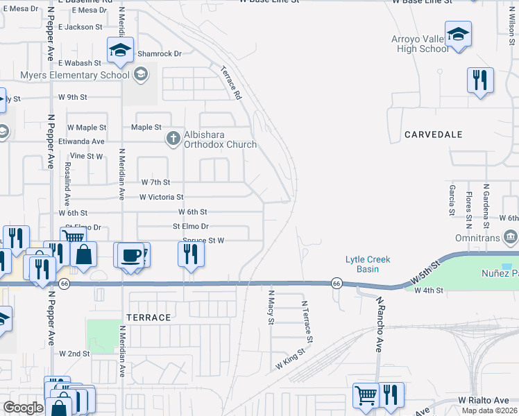 map of restaurants, bars, coffee shops, grocery stores, and more near 602 North Macy Street in San Bernardino