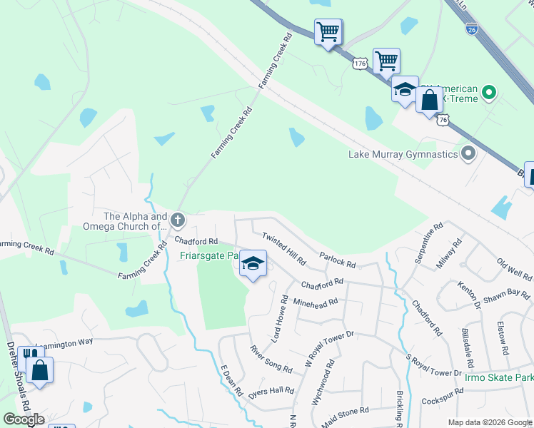 map of restaurants, bars, coffee shops, grocery stores, and more near 581 Parlock Road in Irmo