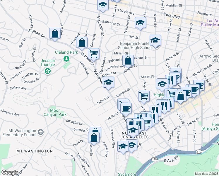 map of restaurants, bars, coffee shops, grocery stores, and more near 645 North Avenue 50 in Los Angeles