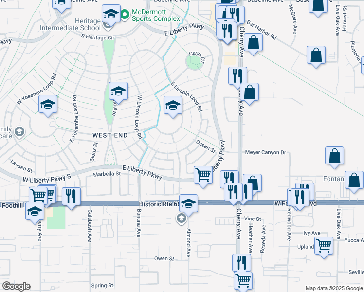 map of restaurants, bars, coffee shops, grocery stores, and more near 7888 Noelke Court in Fontana