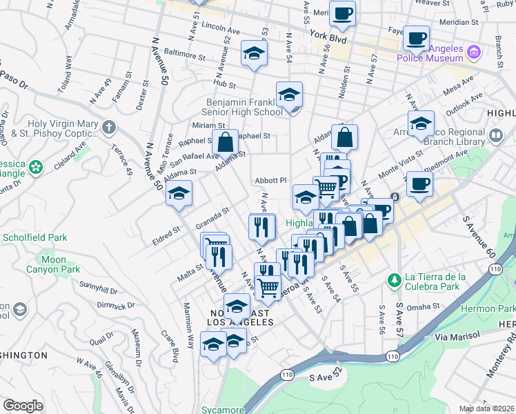 map of restaurants, bars, coffee shops, grocery stores, and more near 364 North Avenue 53 in Los Angeles