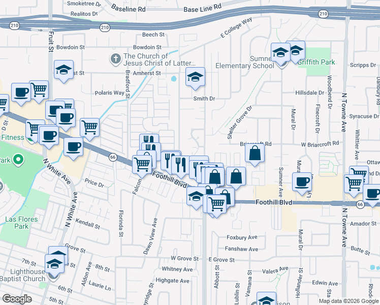 map of restaurants, bars, coffee shops, grocery stores, and more near 3731 Mesa Oak Lane in Pomona