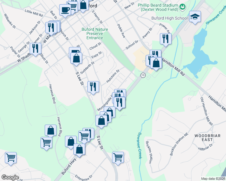 map of restaurants, bars, coffee shops, grocery stores, and more near 2040 Morningside Drive Northeast in Buford