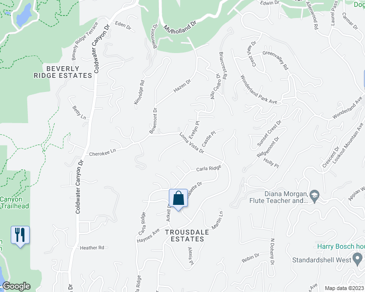 map of restaurants, bars, coffee shops, grocery stores, and more near 635 Clinton Place in Beverly Hills