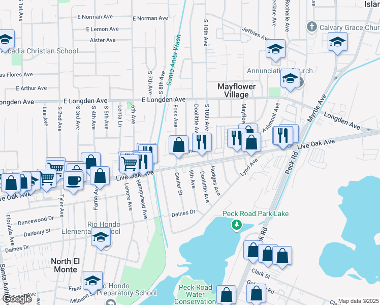 map of restaurants, bars, coffee shops, grocery stores, and more near 932 East Sandra Street in Arcadia
