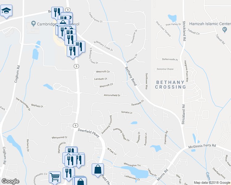 map of restaurants, bars, coffee shops, grocery stores, and more near 125 Quarrington Court in Alpharetta