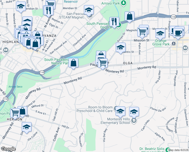 map of restaurants, bars, coffee shops, grocery stores, and more near 241 Monterey Road in South Pasadena